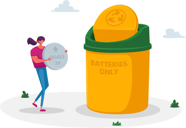 Woman throwing battery into recycle bin Illustration