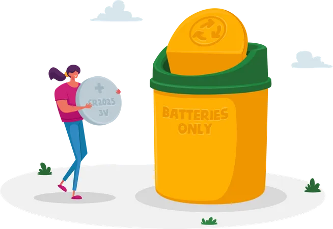 Woman throwing battery into recycle bin  Illustration