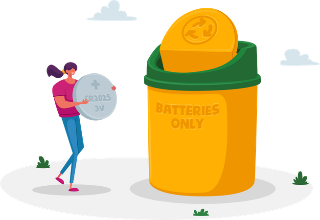 Woman throwing battery into recycle bin  Illustration