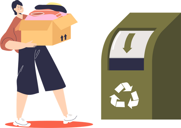 Woman throwing clothes in recycling container Illustration