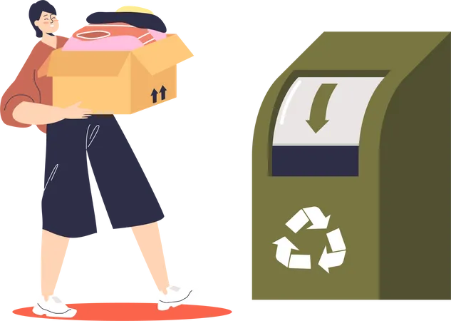 Woman throwing clothes in recycling container  Illustration