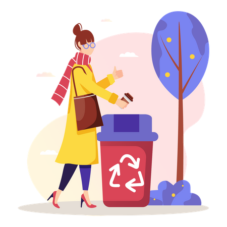 Woman throwing coffee cup in dustbin Illustration