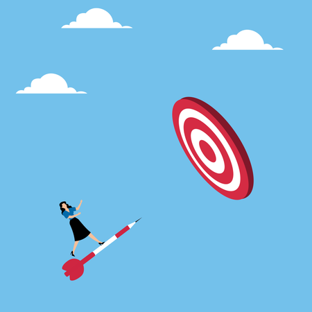 Woman throwing dart right at target  Illustration