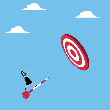 Woman throwing dart right at target  Illustration