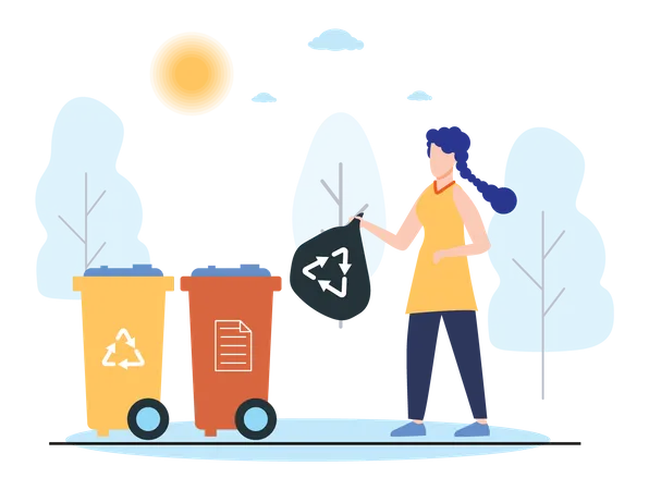 Woman throwing garbage bag in bin  Illustration