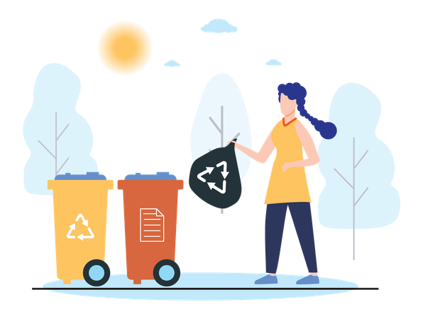 Woman throwing garbage bag in bin  イラスト