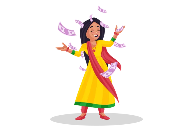Woman throwing indian rupees in air Illustration