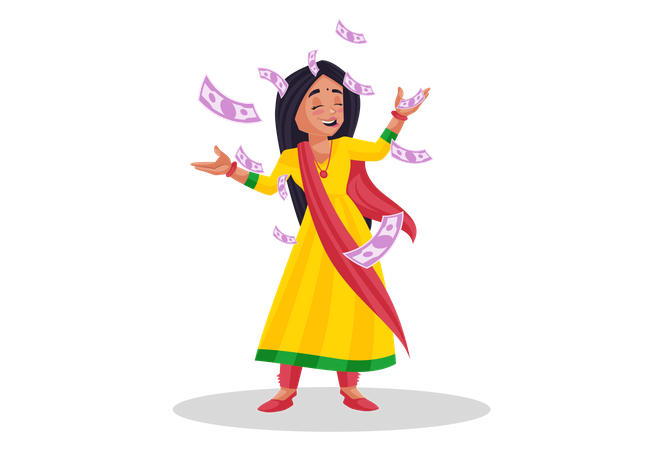 Woman throwing indian rupees in air  Illustration