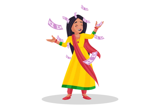 Woman throwing indian rupees in air  Illustration