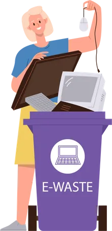 Woman throwing out broken electronic gadgets into e-waste container  Illustration