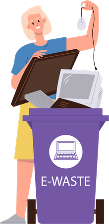 Woman throwing out broken electronic gadgets into e-waste container  イラスト