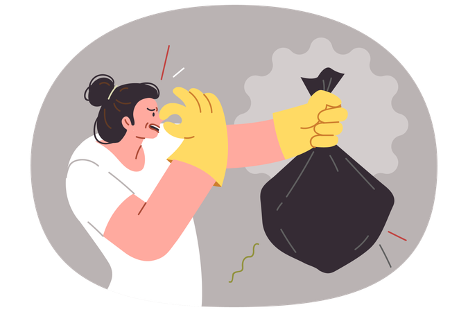 Woman throwing stinking garbage bag  Illustration