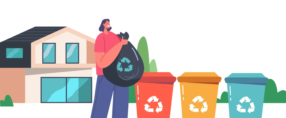 Woman Throwing Trash into Litter Bin  Illustration