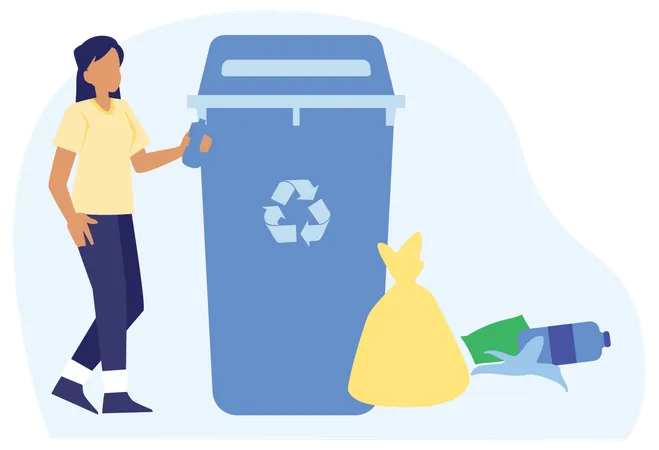 Woman Throws Away Trash Trash Bin  Illustration