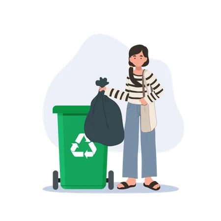 Woman throws away trash into green trash bin with recycling symbol Illustration