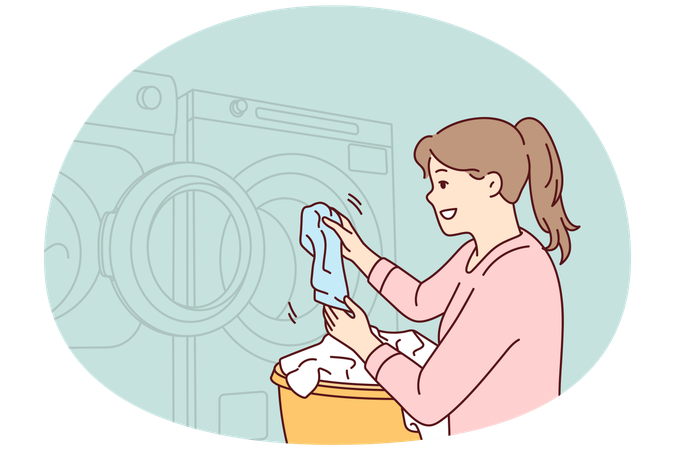 Woman throws dirty laundry into washing machine to make laundry fresh and smell good  Illustration