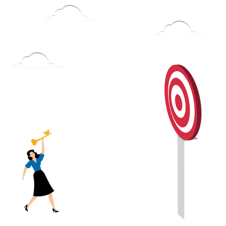 Woman throws key-shaped dart  Illustration