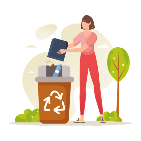 Woman throws recycle waste in recycle bin Illustration