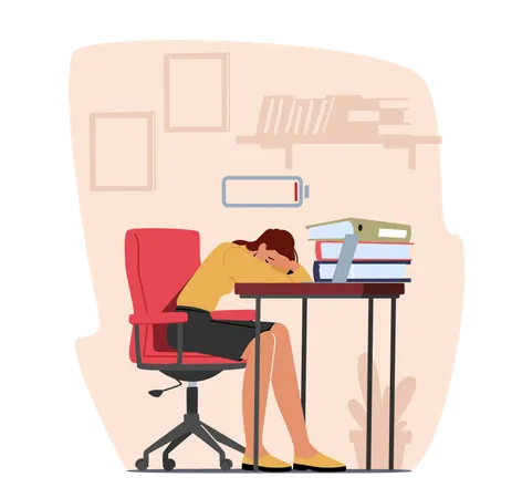 Professional Burnout Overwork Tiredness Fatigue And Depression Concept Tired Overload Businesswoman With Low Life Energy Power Sleeping On Office Desk Business Problems Cartoon Vector Illustration 일러스트레이션