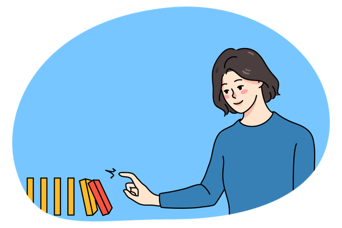 Woman touch topple domino make fall  Illustration