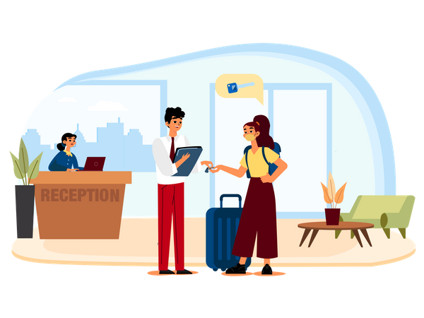 Woman tourist check into hotel  Illustration