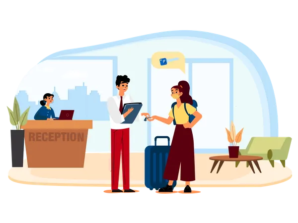 Woman tourist check into hotel  Illustration