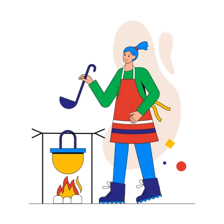 Woman tourist cooking food in bowler on campfire  Illustration