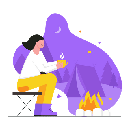 Woman tourist drinking coffee and sitting near campfire Illustration