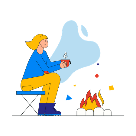 Woman tourist drinking coffee and sitting near campfire  Illustration