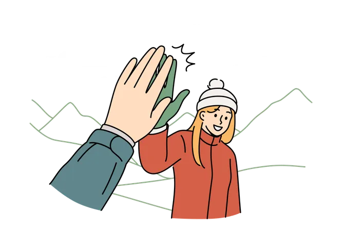Woman Tourist Gives Five To Friend Hiking In Mountains To Explore New Picturesque Places Girl In Warm Jacket And Hat Enjoys Hiking Which Allows To Improve Health And Take Mind Off Work Illustration