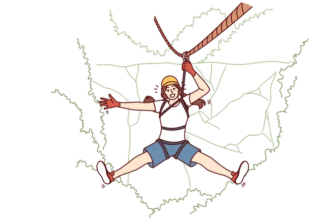 Woman Tourist Hangs On Zip Line Over Forest Cliff Enjoying Extreme Vacation In Picturesque Place Tourist Girl Descends From Mountain On Rope Getting Adrenaline From Adventures While Traveling Illustration