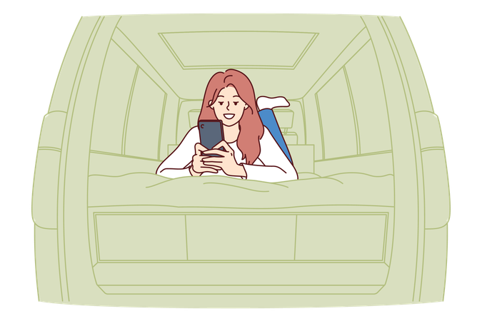 Woman tourist lies in campervan and uses phone smiling enjoying opportunity to travel  Illustration