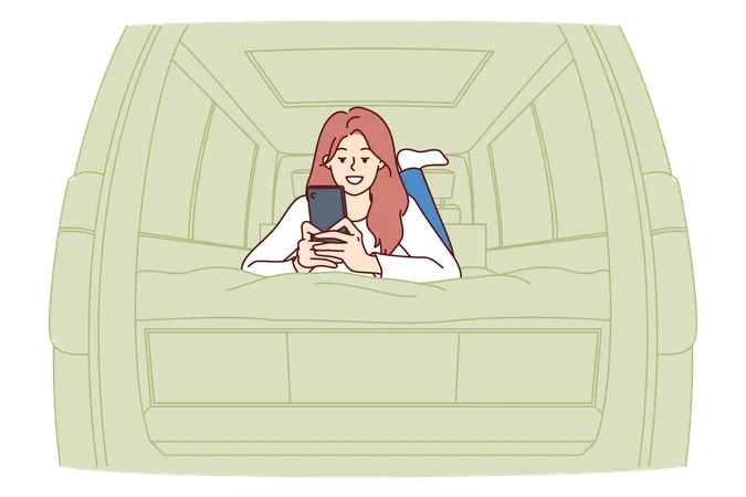 Woman Tourist Lies In Campervan And Uses Phone Smiling Enjoying Opportunity To Travel Cheerful Girl Is Relaxing In Campervan For Tourist Trips And Maintains Personal Blog Via Smartphone Illustration