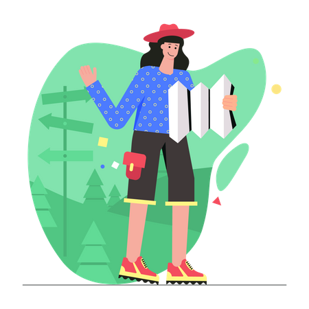 Woman tourist looks at map and chooses travel route in forest  Illustration
