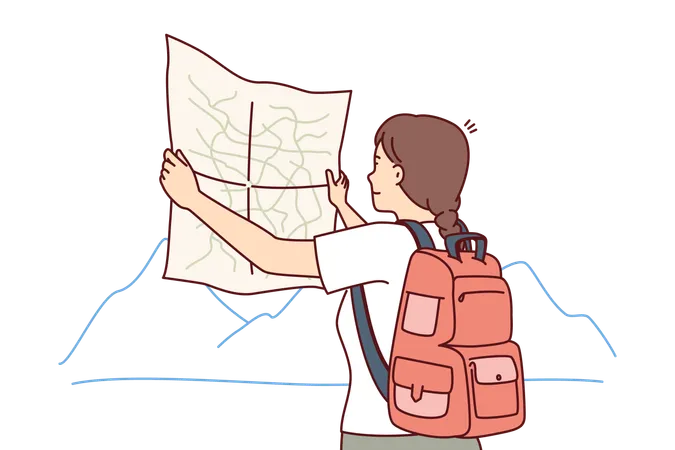 Woman Tourist Looks At Map Choosing Route For Trip Through Wild During Hike In Mountainous Area Girl Tourist With Backpack Behind Back Studies Map Of National Park And Enjoys Journey Illustration
