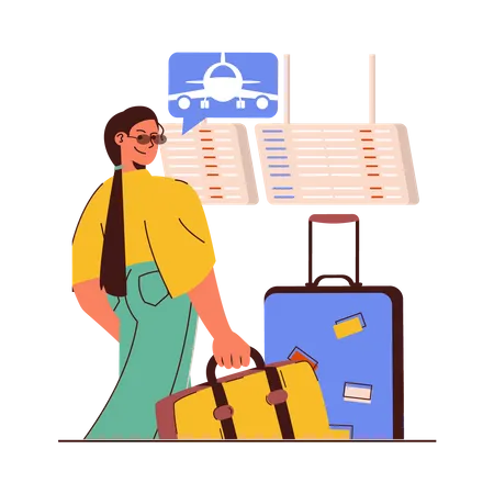 Woman tourist on airport with luggage Illustration