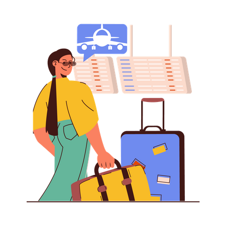 Woman tourist on airport with luggage  Illustration