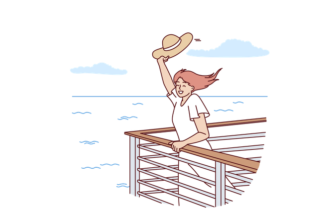 Woman tourist on cruise liner stands near side and waves hand rejoicing at travel across ocean  Illustration