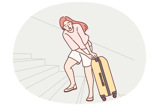 Woman tourist pulls travel suitcase up uncomfortable stairs at train station  Illustration
