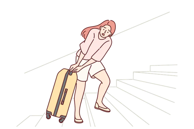 Woman tourist pulls travel suitcase up uncomfortable stairs at train station or airport  Illustration
