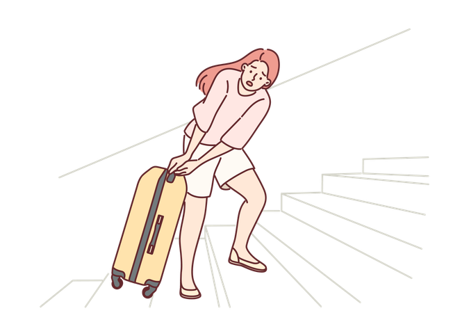 Woman tourist pulls travel suitcase up uncomfortable stairs at train station or airport  Illustration