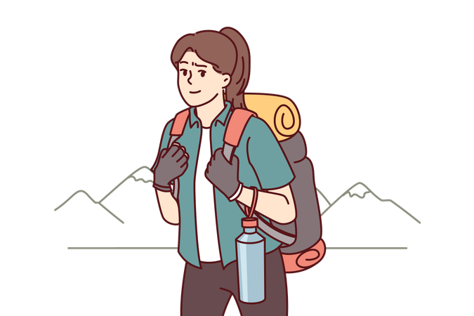 Woman tourist returns from hiking  Illustration