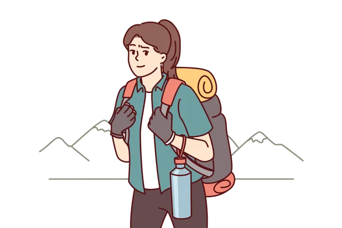Woman Tourist Returns From Hiking With Large Backpack On Back And Bottle Of Water Posing Near Mountains Girl Is Fond Of Hiking And Loves To Travel To Natural Parks And National Reserves Illustration