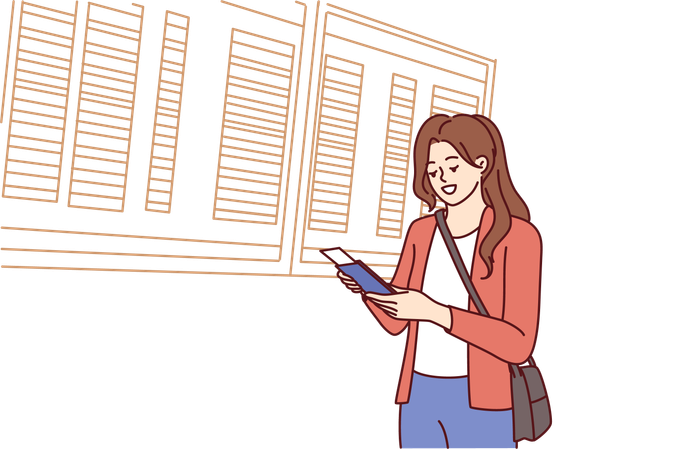 Woman tourist stands at airport near electronic board with flight departure data and holds passport  Illustration