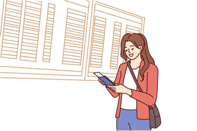 Woman tourist stands at airport near electronic board with flight departure data and holds passport  Illustration