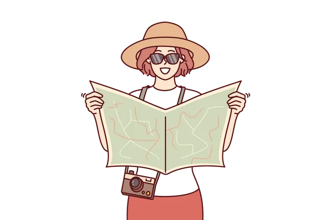Woman Tourist Uses Paper Map To Navigate And Find Popular Attractions Or Directions To Hotel Young Girl Tourist In Hat And Sunglasses Travels Around World Exploring New Cities And Countries Illustration