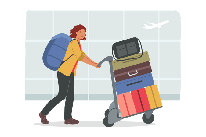 Woman tourist walks through airport with luggage bags in trolley  Illustration