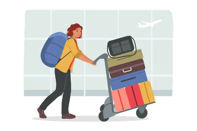 Woman tourist walks through airport with luggage bags in trolley  Illustration