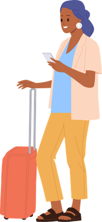 Woman tourist with luggage suitcase using mobile phone to check free hotel number  Illustration