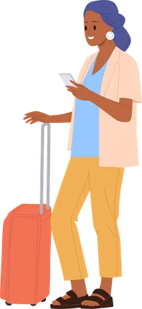 Woman tourist with luggage suitcase using mobile phone to check free hotel number  Illustration